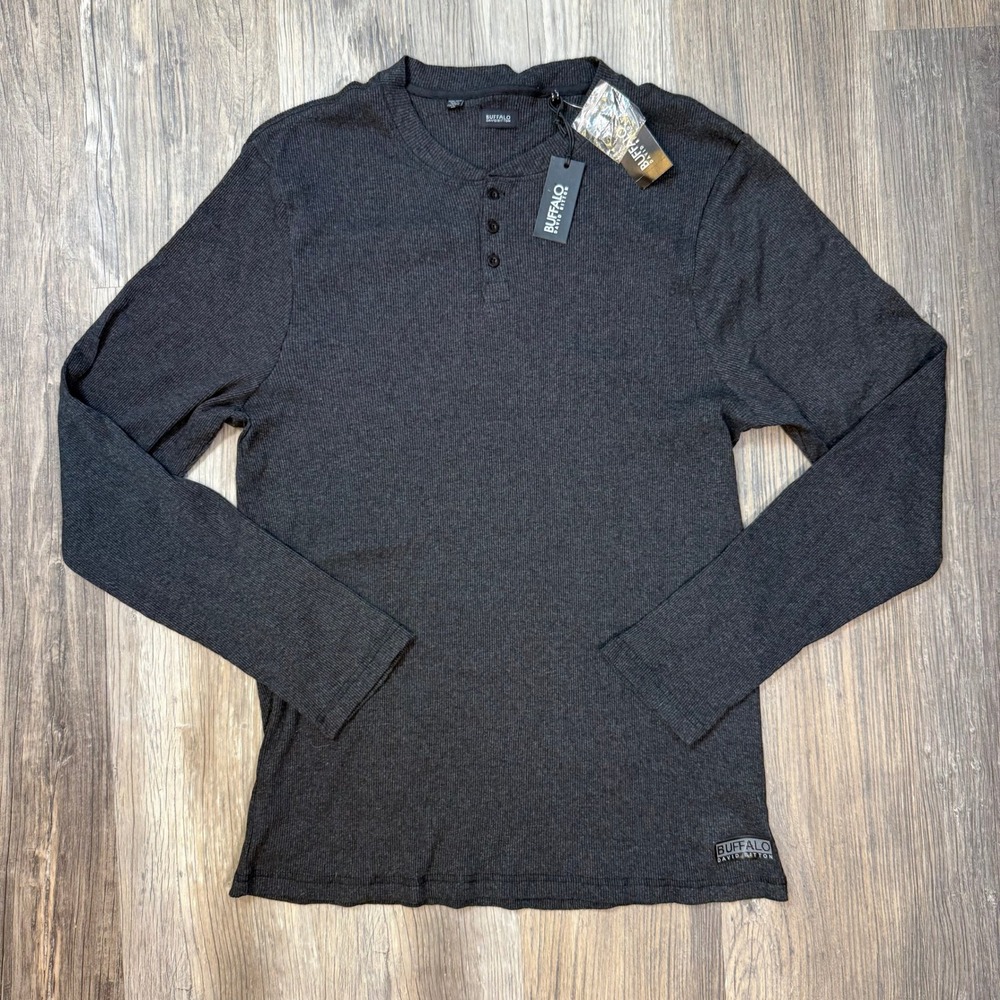 Buffalo David Bitton Mens Nirvana Henley Shirt Heather Black Ribbed XXXL NEW